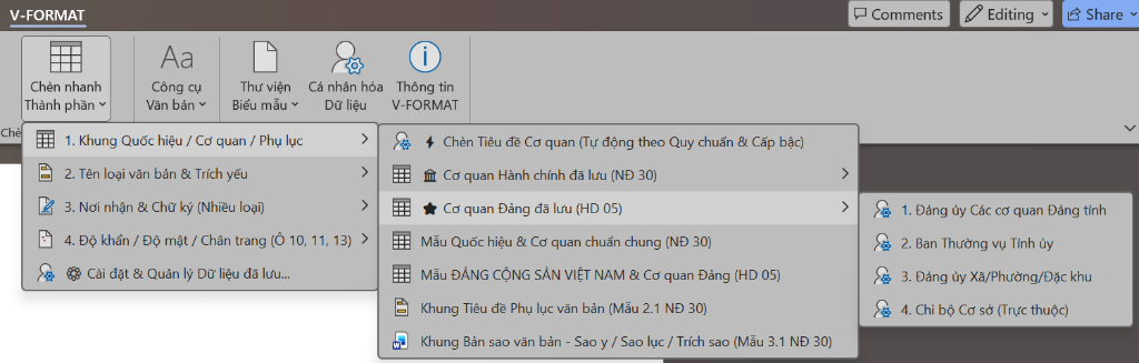 Chèn nhanh thành phần thể thức